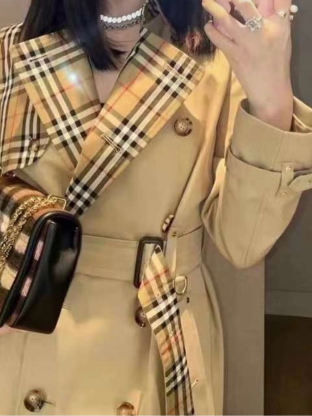 Classic Women Tan Trench Coat with Plaid Trim